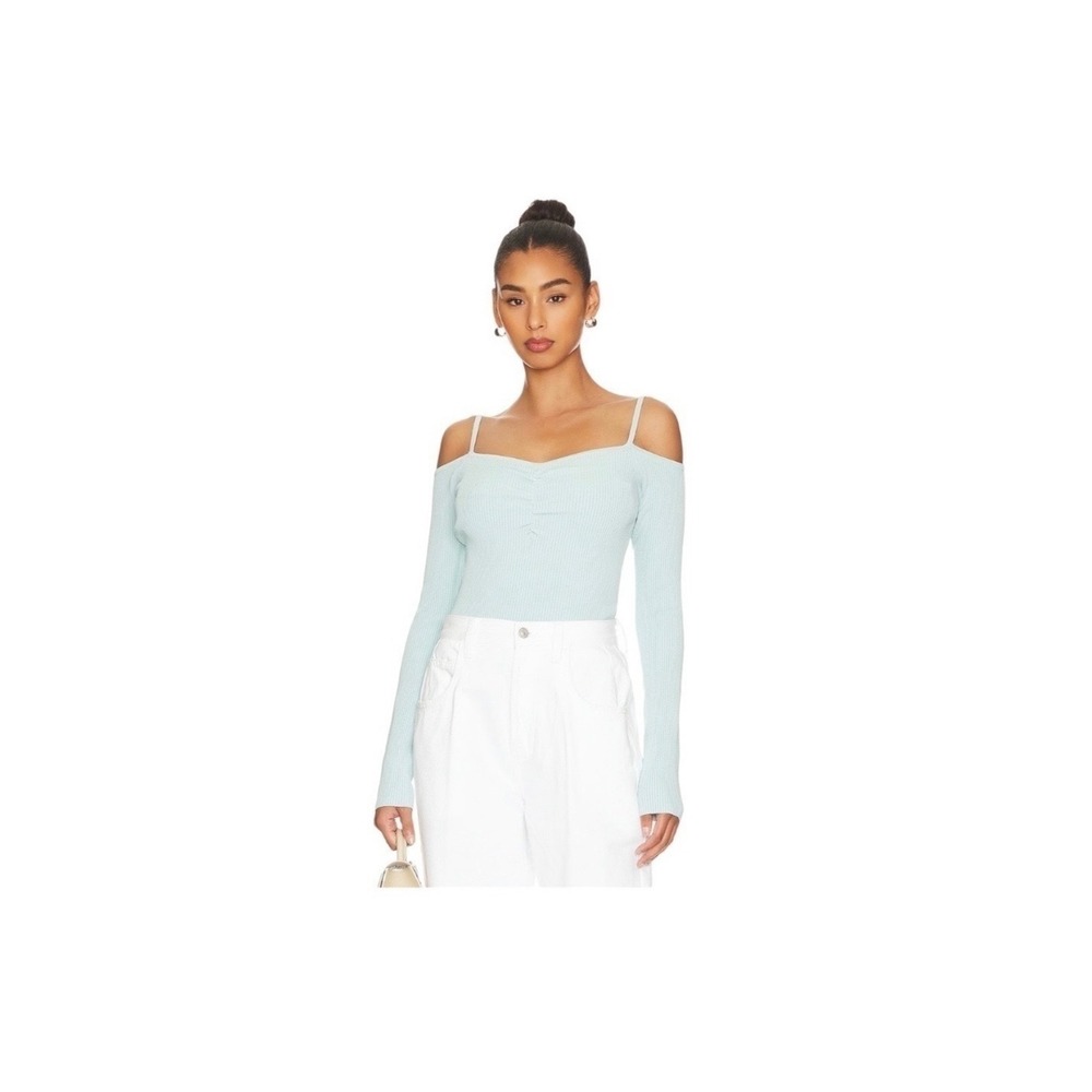 7 For All Mankind Women Pale Mint Blue Ribbed Cold Shoulder Knit Top Large NWT